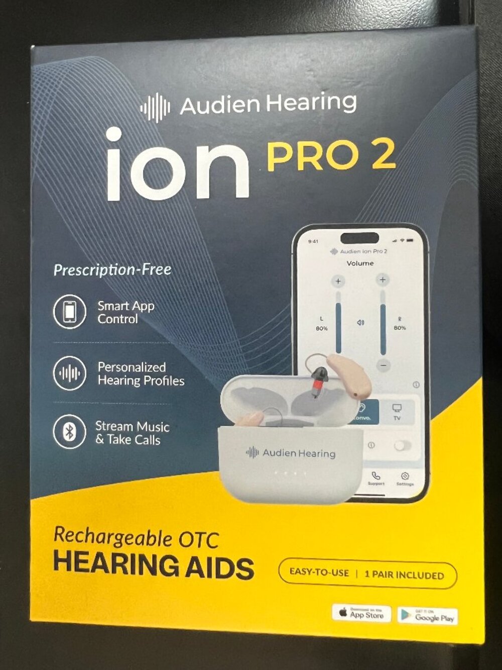 Audien Hearing Ion Pro 2 Bluetooth Rechargeable OTC Hearing Aids for Seniors